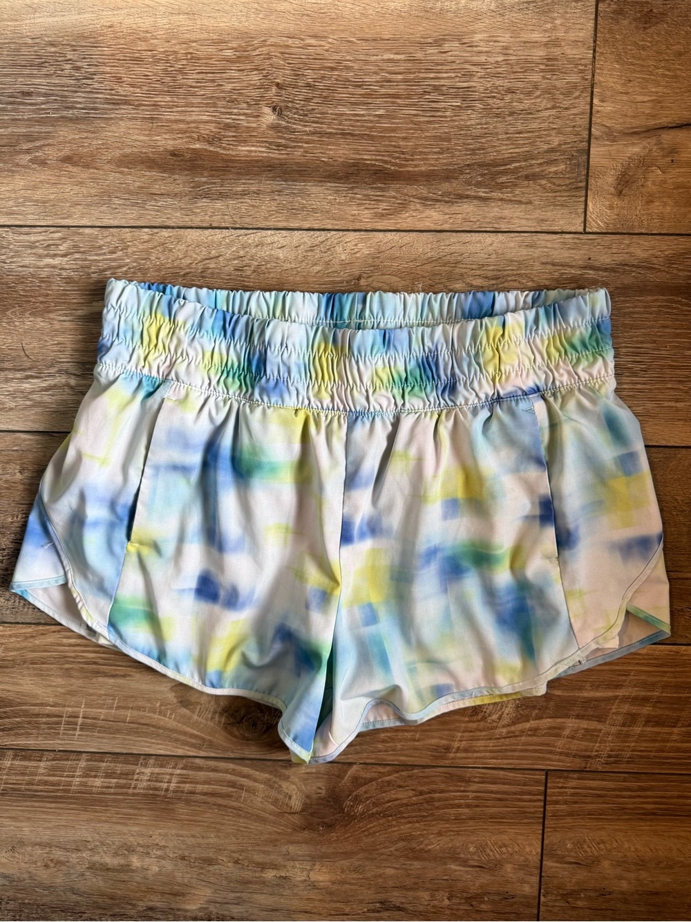 Avia Watercolor Print Elastic Waist Athletic Shorts in Blue, Yellow, Green